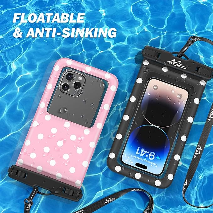 MoKo Large Waterproof Phone Pouch - 2 Pack Floating Water Protector Case Dry Bag with Detachable Lanyard, Compatible for iPhone 15 14 13 Pro Max, Galaxy S23 S22 Ultra, Black+Pink