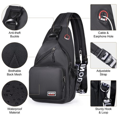 Geestock Crossbody Sling Bag for Men & Women, 2-1 Small Backpack Convertible Sling Backpack Waterproof Shoulder Chest Bag for Daypack Travel Hiking (Black)