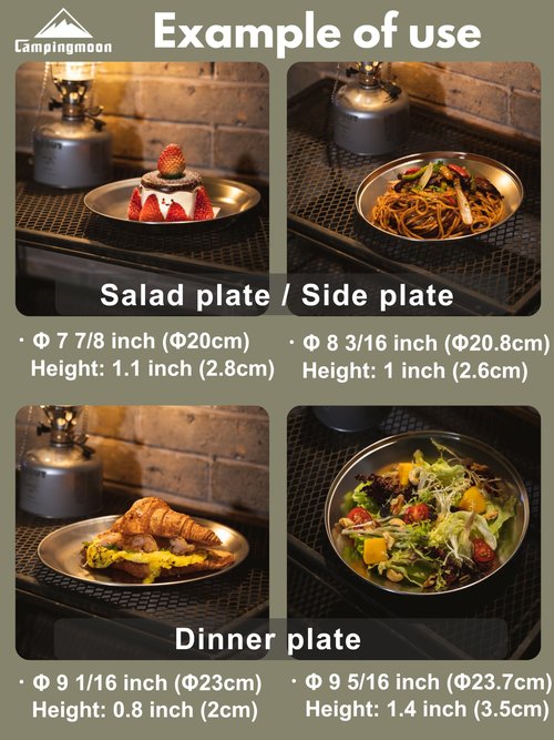 CAMPINGMOON Camping Plates 8pcs set Salad Side Dinner Plate Dishes Outdoor Tableware Stainless Steel with Canvas Case S397-2S