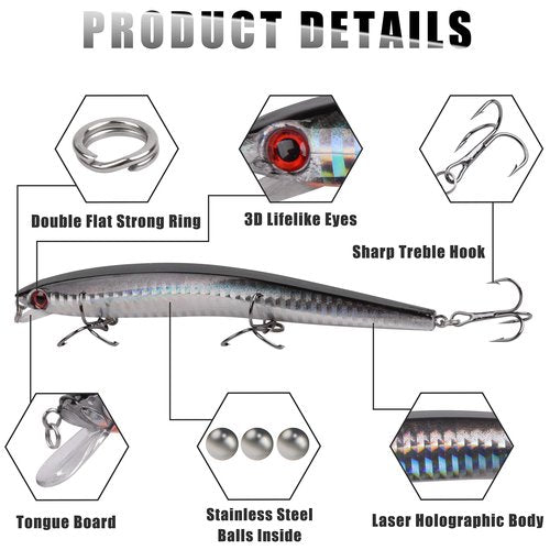 Saltwater Fishing Lures Kit 6pcs Striped Bass Fishing Lures Hard Minnow Lures Jerkbait Topwater Popper Plugs Surf Fishing Striper Lures Inshore Offshore Saltwater Fishing Lures Set