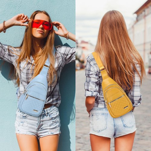 DTGN PU Leather Small Sling Bag Mini Crossbody Backpack Daypack - 7.9" Good for Hiking Travel Running Cycling Sports - Blue