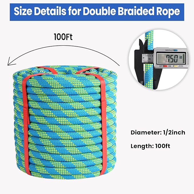 1/2inch Arborist Rope Tree Climbing Rope 48 Strand（100ft） Polyester Bull Rope for Swing Pulling Outdoor Marine