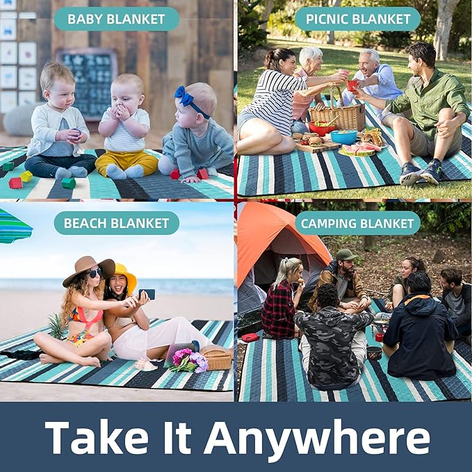 ZAZE Picnic Blankets Beach Blanket, 80''x80'' Extra Large Thick 3-Layers, Sandproof Machine Washable Waterproof Foldable Oversized XL Outdoor Mat, for Camping, Park, Travel, Grass(Blue White Stripe)