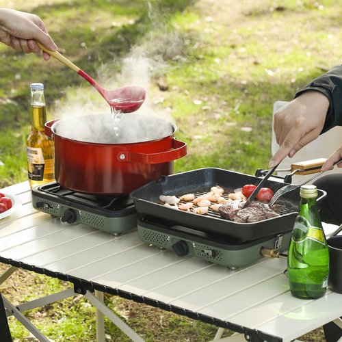 ALBOMI 2 Burner Propane Camping Stove,Portable Folding Gas Stove for Camping with 17200 BTU,Two Adjustable Burners with Easy Carrying Handle&Inlet Gas Pipe,Outdoor Camp Stove for Camping Backpacking