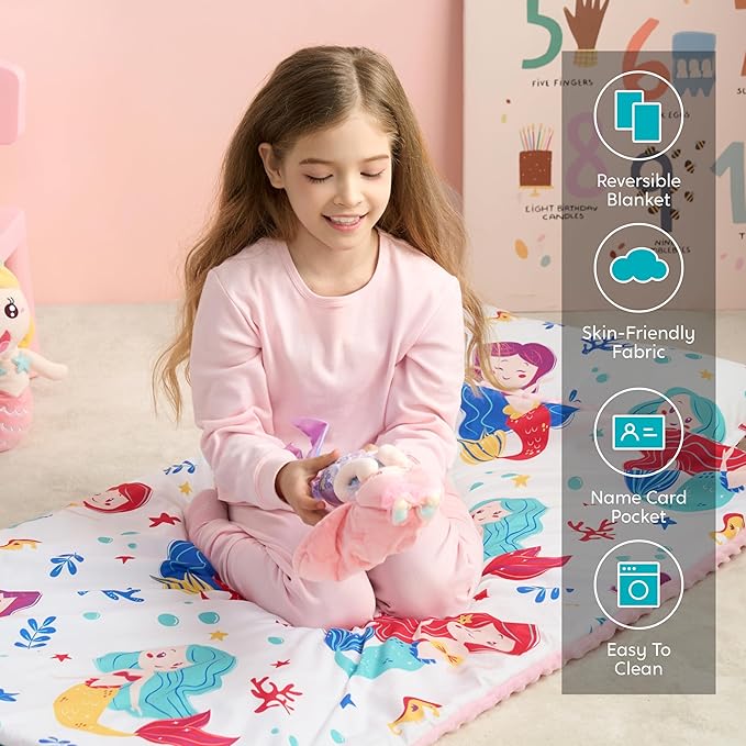 JOIEDOMI Toddler Nap Mat for Preschool 55''x30'' Sleeping Mat with Removable Pillow and Minky Blanket for Kids Ages 3-7 Roll Up Soft Kids Sleeping Bag for Boys Girls Kindergarten Daycare Sleepover