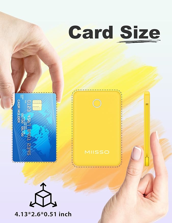 6000mah Ultra Slim Built in Cables Power Bank, Card Size Built in USB C Cords Battery Pack Portable Charger for Phones, 3 Output External Battery Pack Compatible with iPhone, Samsung, Google, Yellow