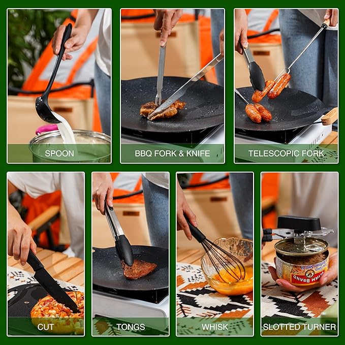 Camping Cooking Essentials Utensils Set - Camp Cookware Kitchen Accessories Kit, Camper Gear Must Haves, Stainless Steel & Silicone, RV Car Portable Outdoor Equipment Tool