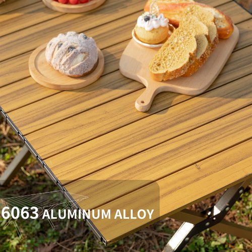 Whitsunday Folding Camping Table Aluminum Portable Roll-Up Picnic Table 4-6 Person for BBQ Backyard Patio Party Wood Grain 34.6 * 23.6 * 17.3