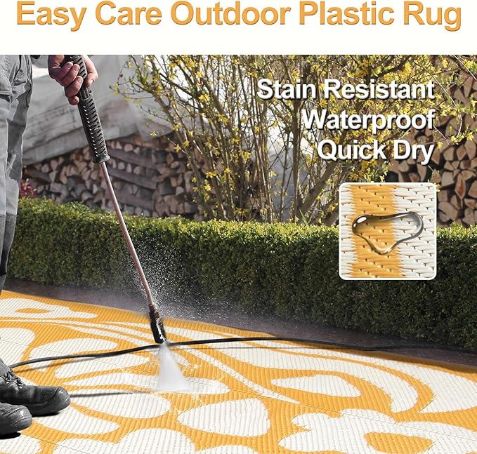 Wonnitar 6x9 Outdoor Rug Waterproof, Reversible Plastic Straw RV Rugs for Camping Outside, Large Portable RV Outdoor Mat Orange Abstract Flower Tent Rug for Camping Garden Picnic (Orange, 6'x9')