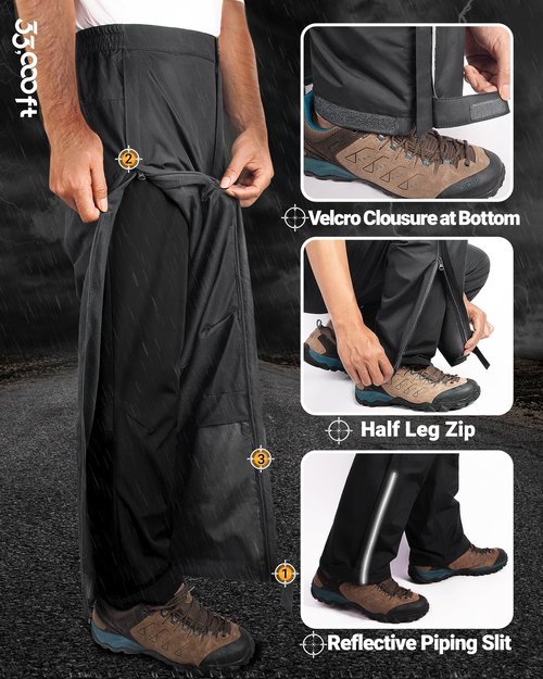 33,000ft Men's Rain Pants Full Zip Waterproof Pants Breathable Rain Over Trousers for Outdoor Hiking Golf Work Black