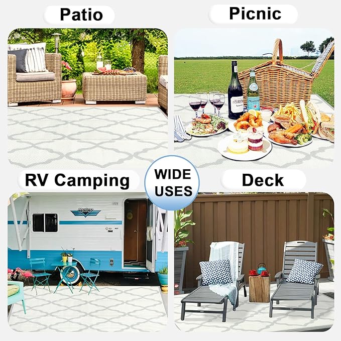 OutdoorLines Outdoor Plastic Area Rugs for Patio 6x9 ft - Reversible Outside Carpet, Stain & UV Resistant RV Mats, Straw Rug for Camping, Deck Garden, Porch and Balcony, Moroccan/Beige & Light Grey