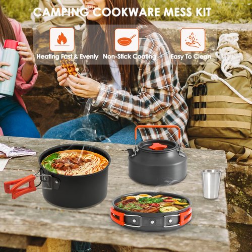 JUSFANE 20Pcs Camping Cookware Mess Kit, Non-Stick Lightweight Camping Pots and Pans with 1.1L Kettle, 2 Set Stainless Steel Cups Plates Forks Knives Spoons for Backpacking, Hiking, Outdoor Cooking