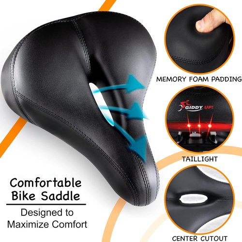 Giddy Up! Bike Seat - Comfortable Premium Bike Saddle for Exercise and Road Bicycle with LED - Wide Padded Bicycle Saddle for Peloton - Replacement Comfort Bicycle Seat Cushion