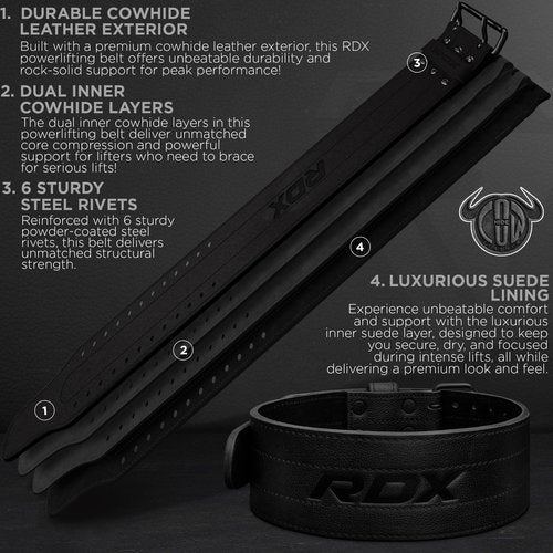 RDX IPF Compliant Powerlifting Belt 13mm and 10mm, USAPL USPA and IPL Competition Level Genuine Leather 4” Gym Belt for Heavy Weight Lifting Deadlift Squats and Strongman Strength Training, Men Women