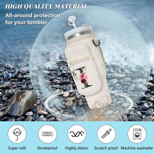 Sunegg Water Bottle Carrier Bag for Stanley 40 oz Tumbler with Handle, Water Bottle Holder Pouch with Phone Pocket, Straw Cover & Adjustable Strap, Accessories for Stanley Cup(Cream L)