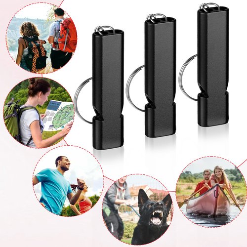 AOZUO 6PCS Emergency Whistles, Loud 120dB Double Tube Whistle Aluminum Alloy Safety Whistle Survival Whistles with Keychain for Outdoor Camping Hiking Hunting Boating Backpacking(Black)