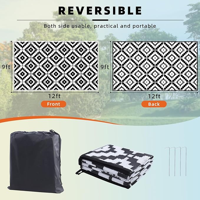 Favoyard Outdoor Rug 9x12 ft Waterproof Reversible Patio Plastic Straw Rugs for Decor Clearance Outside Large RV Camping Area Carpet Mat for Porch Deck Balcony Pool Backyard Picnic Beach Camper Door