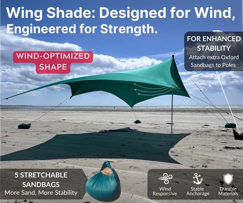 Wing Shade Beach Tent Sun Shelter - Large Portable 10x10 Pop Up Beach Canopy, Easy Setup on Grass or Sand with 4 Poles, 8 sandbags - for Outdoor Picnic, Beach Shade. Wind sail & Beach Umbrella