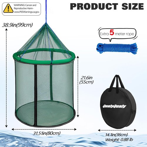 QualyQualy Extra Large Floating Fish Basket for Live Well, Fully Foldable Fishing Net Holder Collapsible Mesh Fishing Holder Cage for Caught Fish Bucket