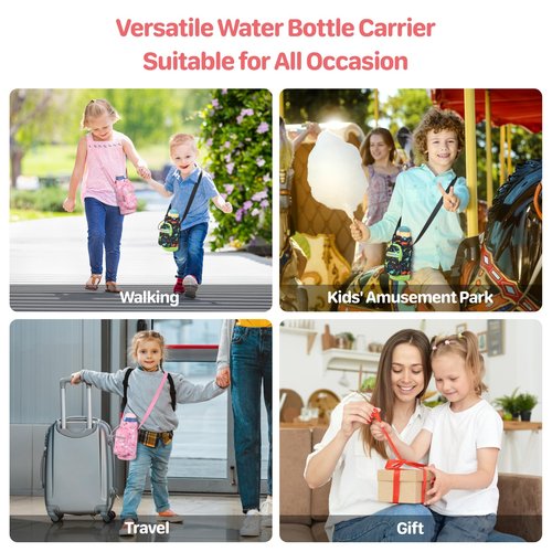 BrainyBees Water Bottle Carrier for Kids - Water Bottle Holder Sling Bag with Adjustable Strap, Girls Water Bottle Bag for 10/12/14/16/18Oz Water Bottles Walking Hiking Trip Camping, Pink Unicorn