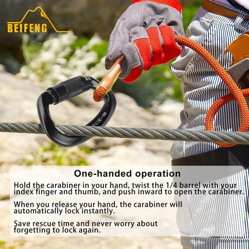 BEIFENG Auto Locking Climbing Carabiner, 25KN Black Twist Lock Heavy Duty Carabiner, UIAA Certified D-Type Large Suitable for Climbing, Rappelling, Rescue, Hammock, Swing etc