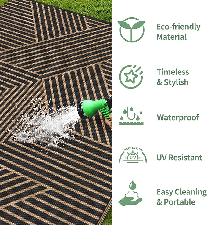 GENIMO Outdoor Rug 5'x8' for Patio Waterproof Clearance, Reversible Outdoor Plastic Straw Rug, Lightweight Carpet Camping Mat for Rv, Camper, Picnic, Balcony, Backyard, Deck, Porch, Black & Brown