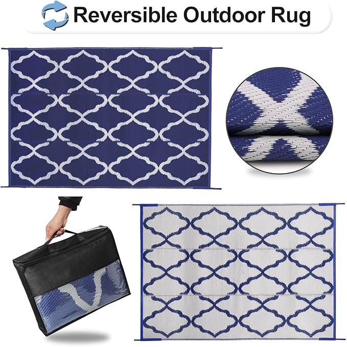 OutdoorLines Outdoor Plastic Area Rugs for Patio 6x9 ft - Reversible Outside Carpet, Stain & UV Resistant RV Mats, Straw Rug for Camping, Deck Garden, Porch and Balcony, Moroccan Navy & Light Grey