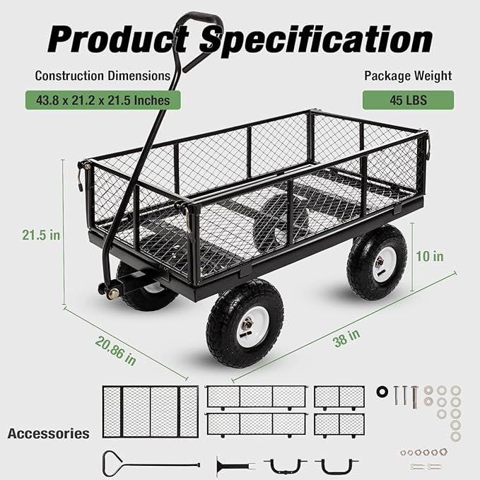 Heavy Duty Steel 900Lbs Wagon Garden Carts, Utility Pullable with Removable Folding Sides, All Terrain Wagons for Outdoor, Garden, Farm, Yard, 43" x 21"x 21" inch, Black