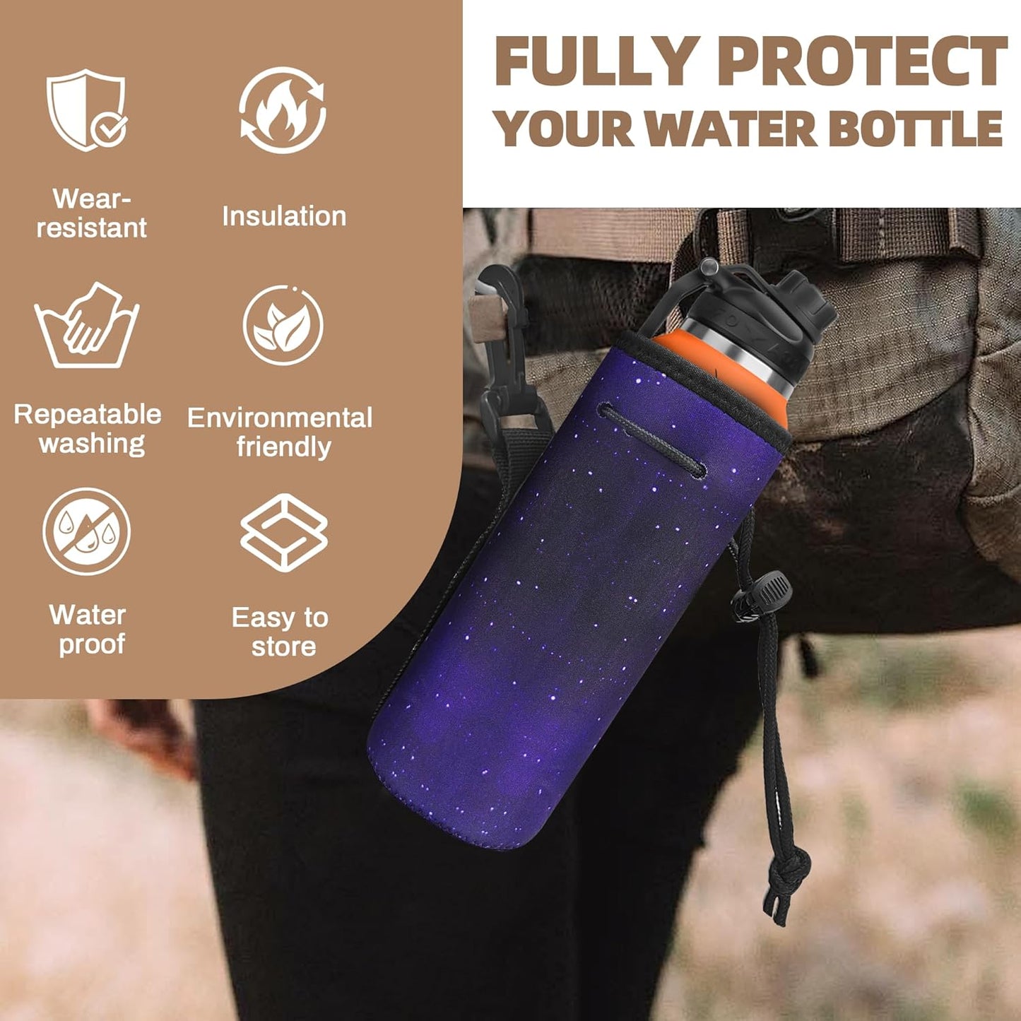 Water Bottle Carrier,Insulated Neoprene Water Gym Travel bottle Holder Bag Protector Sleeve Case Pouch Cover 0.6L or 0.75L, Great for Stainless Steel and Plastic Bottles (BLUE)