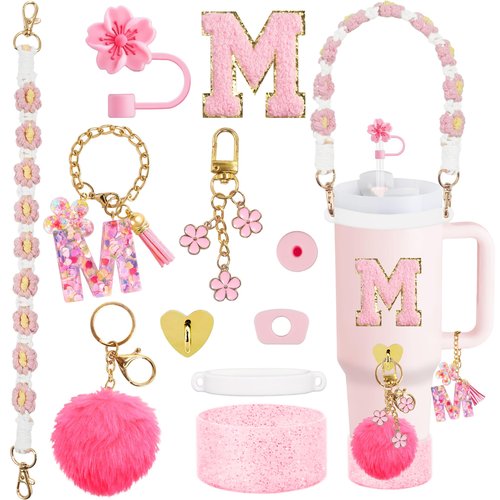 XIANGYUAN 11PCS Cup Accessories for Stanley, Straw Cover Cap for 30oz or 40oz Stanley, Including Water Bottle Handle Strap, Boot, Decorative Chains, Personalized Sticker