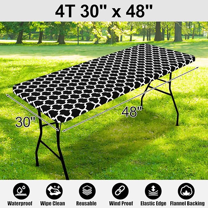 Smiry Rectangle Picnic Table Cover, Waterproof Elastic Fitted Camping Tablecloths for 4 Foot Tables, Wipeable Flannel Backed Vinyl Tablecloth Protector for Indoor, Outdoor (Black, 30x48 Inches)