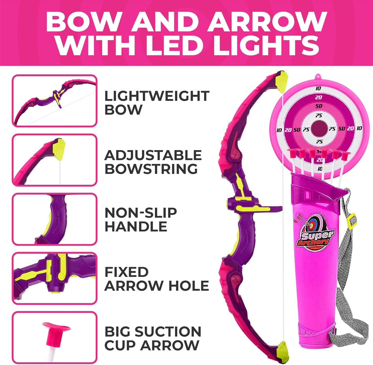 Toysery Kids Archery Set with LED Flash Lights, Toy Bow and Arrow Set for 6-8 Years Old Boys, Includes Archery Bow, 6 Archery Arrows, Target, Quiver - Great for Youth Practice