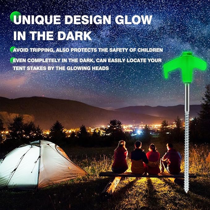 20Pcs 8" Glow in Tent Pegs Ground Stakes Heavy Duty Drill in Style Ground Anchor Peg Tent Spikes Metal Yard Stakes for Camping Patio Garden Awning Canopy Canopies Grassland (Hex Tool and Carry Case)