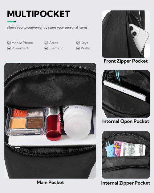 WATERFLY Small Crossbody Sling Bag: Lightweight Women Men Sling Backpack Stylish Casual Cross Body Bag Adjustable Straps Chest Bag Daypack for Shopping Hiking Travelling Black