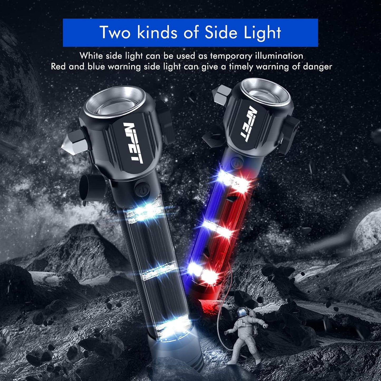 NPET T10 Car Flashlight 500 Lumens LED COB Light Solar Powered USB Rechargeable Tactical Multi-Function Torch Tool with 120dB Siren Window Breaker Seat Belt Cutter Compass for Camping