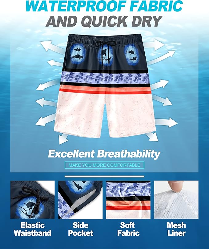 Mens Swim Trunks Quick Dry Board Shorts with Mesh Lining, Breathable Surf Beach Shorts Swimwear Bathing Suits