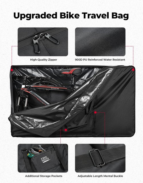 KEMIMOTO Bike Travel Bag Airplane for 26 to 29 inch Mountain Bicycle, 900D Heavy Duty Folding MTB Bike Box Case with Wheels Pack for Air Travel Flights, Water-resistant Cycling Transport Storage