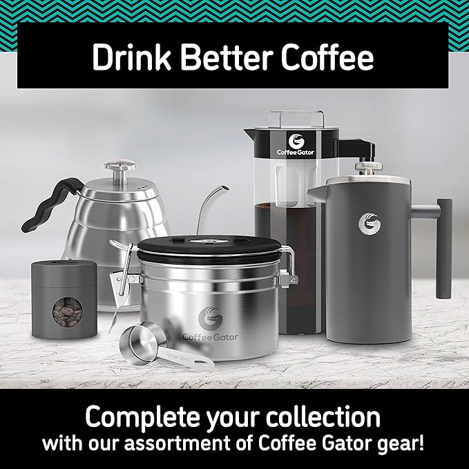 Coffee Gator French Press Coffee Maker 34oz, Double Insulated Stainless Steel Brewer plus Travel Jar Canister, Portable Hot Cold Brew Teapot Cafetera for Coffee Bar Accessories Kitchen Camping, Silver