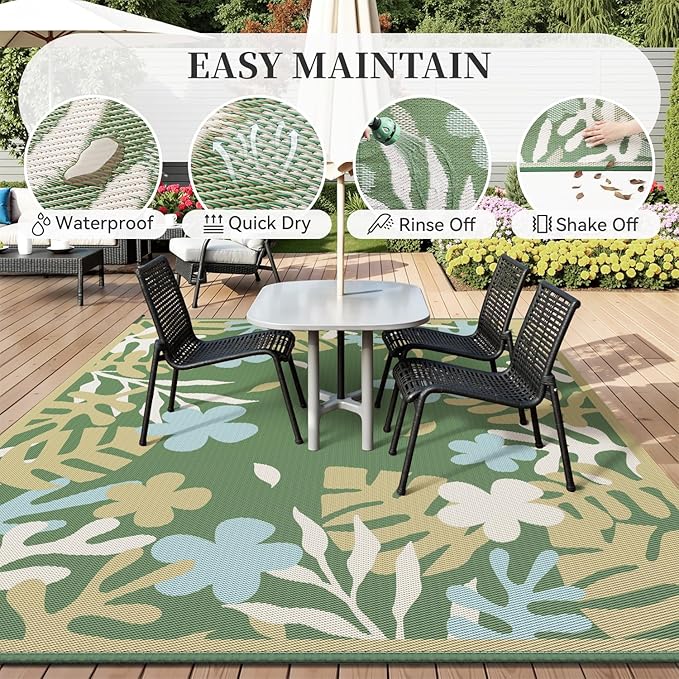 MontVoo Outdoor Rug Waterproof 5x8 ft RV Outdoor Rug for Camping Picnic Mat Outdoor Patio Rug Carpet Plastic Straw Reversible Floral Green Yellow