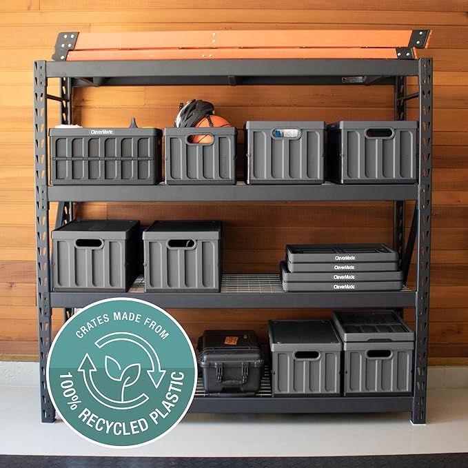 CleverMade Collapsible Storage Bins with Lids- Obsidian 3 Pack 62L - Plastic Containers Stackable Organization Crates Home Closet Space-Saving Durable