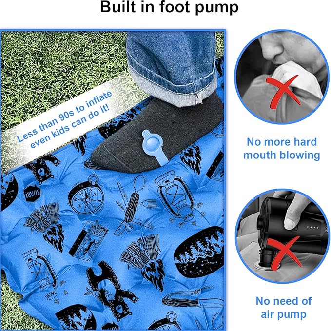 Inflatable Sleeping pad for Kids, Toddler and Youth | Air Mattress w Built-in Pump, 5’5” Ultralight Sleeping Mat with Pillow for Camping, Sleepovers & Travel | Airpad, Kids Cot, Camping Mattress -Blue
