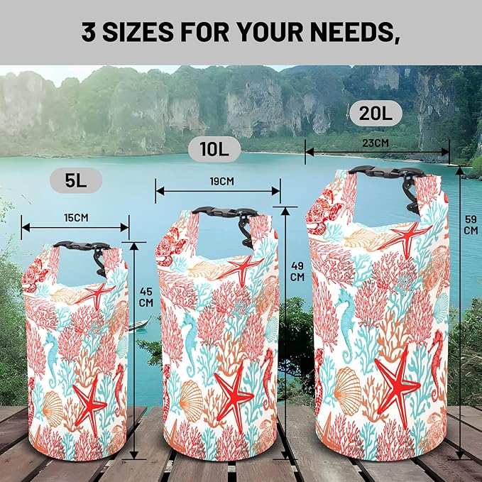 Waterproof Dry Bag,Roll Top Sea Turtle Starfish Coral Small Waterproof Backpack 5L/10L/20L Floating Lightweight Bags for Kayaking, Boating, Fishing, Swimming Camping with Waterproof Phone Case