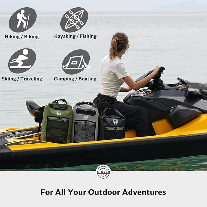 STOVER 5/10/25/30/40/55L Waterproof Dry Backpack- Medium Floating Dry Bag for Kayaking, Travel, Tubing, Hiking, Fishing, Camping, Motorcycles & the Beach, Heavy-Duty Roll Top Men/Women (Green)