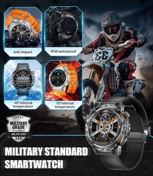 HIRREO Smart Watch for Men(Answer/Make Calls), 100+ Sport Modes Fitness Tracker, Flashlight/1.43'' AMOLED/Heart Rate/Sleep Monitor, 5ATM Waterproof Rugged Smart Watches Compatible Android iOS