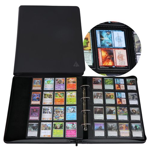 Rayvol 2000 Trading Card Binder, 16 Pocket D-Ring Card Binder Fit 2016 Cards - Large Card Collection Binder with Double-Sided Black Pages for TCG