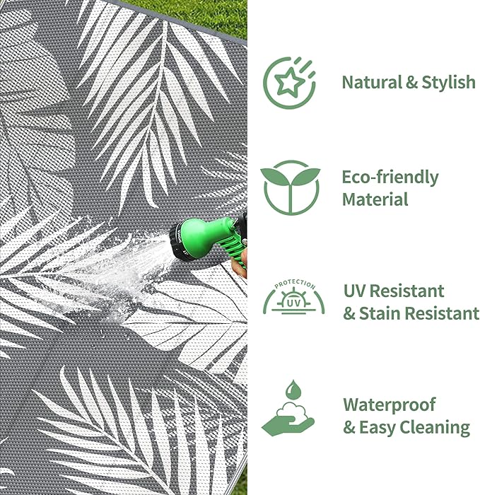 GENIMO Outdoor Rug 8' Round Waterproof for Patios Clearance, Reversible Outdoor Plastic Straw Camping Rug Carpet, Large Area Rugs Mats for RV, Camper, Deck, Balcony, Porch, Beach, Picnic, Grey&White