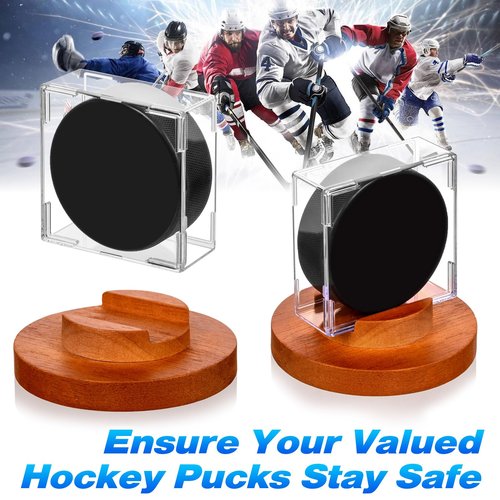 ULTRGEE Hockey Puck Display Case - Acrylic Box, Hockey Puck Holder with Wooden Base, Hockey Pucks Storage Stand for Collection Memorabilia (1 Pack, Square)