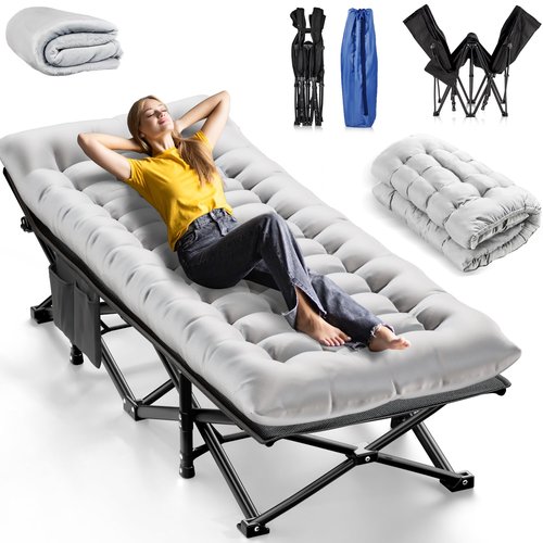 Camping Cots for Adults, Upgraded Folding Camping Cot Heavy Duty Sleeping Cots Bed 1200D Double Layer Oxford Camping Cot Mattress with Flannel Blanket for Home Office Nap Beach Travel, 550LBS