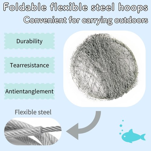 Tacklurenet Foldable Pier Fishing Net - Bridge and Drop Net for Big Fish With Dual-Line Reinforced Fiber, Bold Soft Steel Hoops, Black