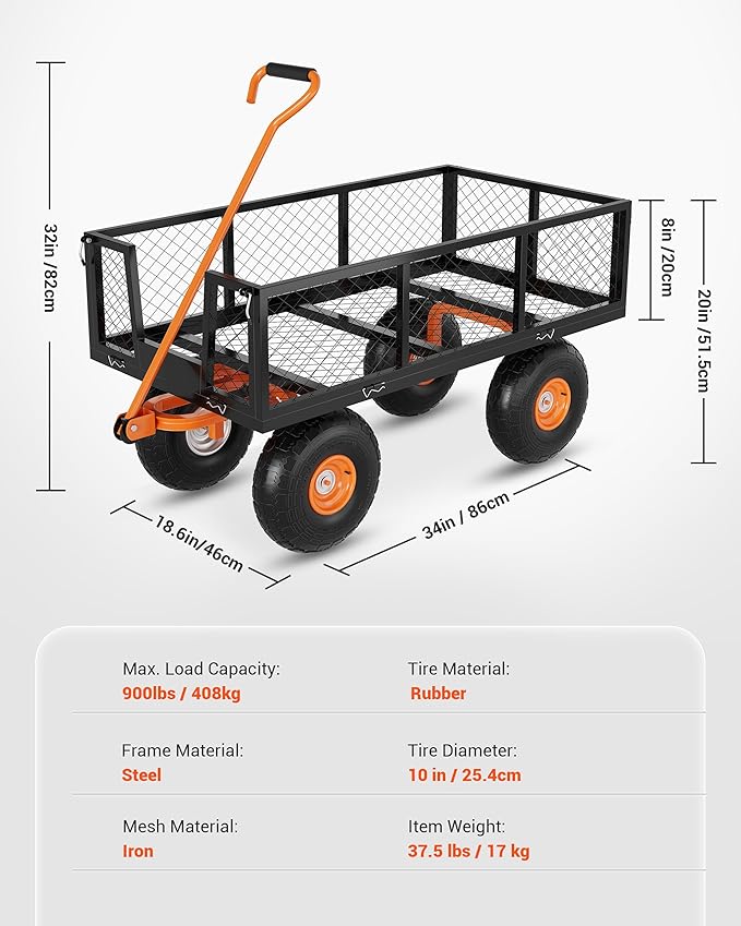 Heavy Duty 900 Lbs Capacity Steel Garden Cart, 3-In-1 Utility Metal Wagon, with Removable Mesh Sides to Convert Into Flatbed, 180° Rotating Handle and 10" Tires